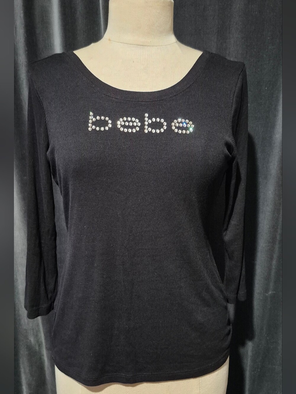 Bebe Black Rhinestone Scoop Neck Long Sleeve Top (Box C)